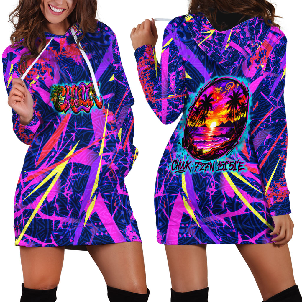 Chuuk Tropical Sunset Coordinates Hoodie Dress Neon Graffiti Polynesian Tribal