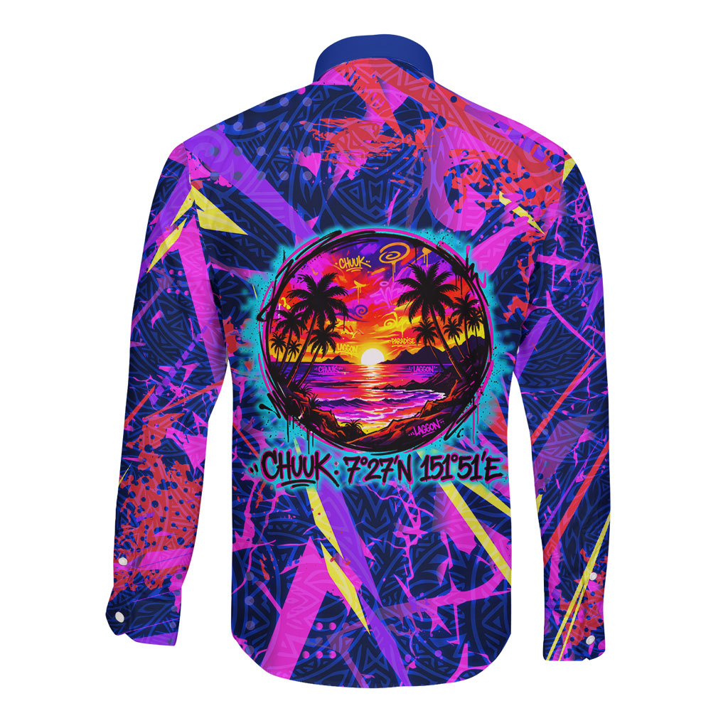 Chuuk Tropical Sunset Coordinates Long Sleeve Button Shirt Neon Graffiti Polynesian Tribal