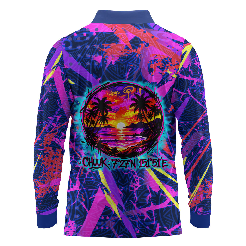 Chuuk Tropical Sunset Coordinates Long Sleeve Polo Shirt Neon Graffiti Polynesian Tribal
