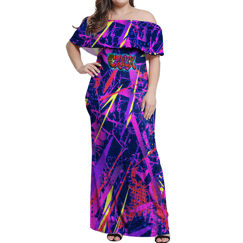 Chuuk Tropical Sunset Coordinates Off Shoulder Maxi Dress Neon Graffiti Polynesian Tribal TS04 Women Purple Pink - Polynesian Pride