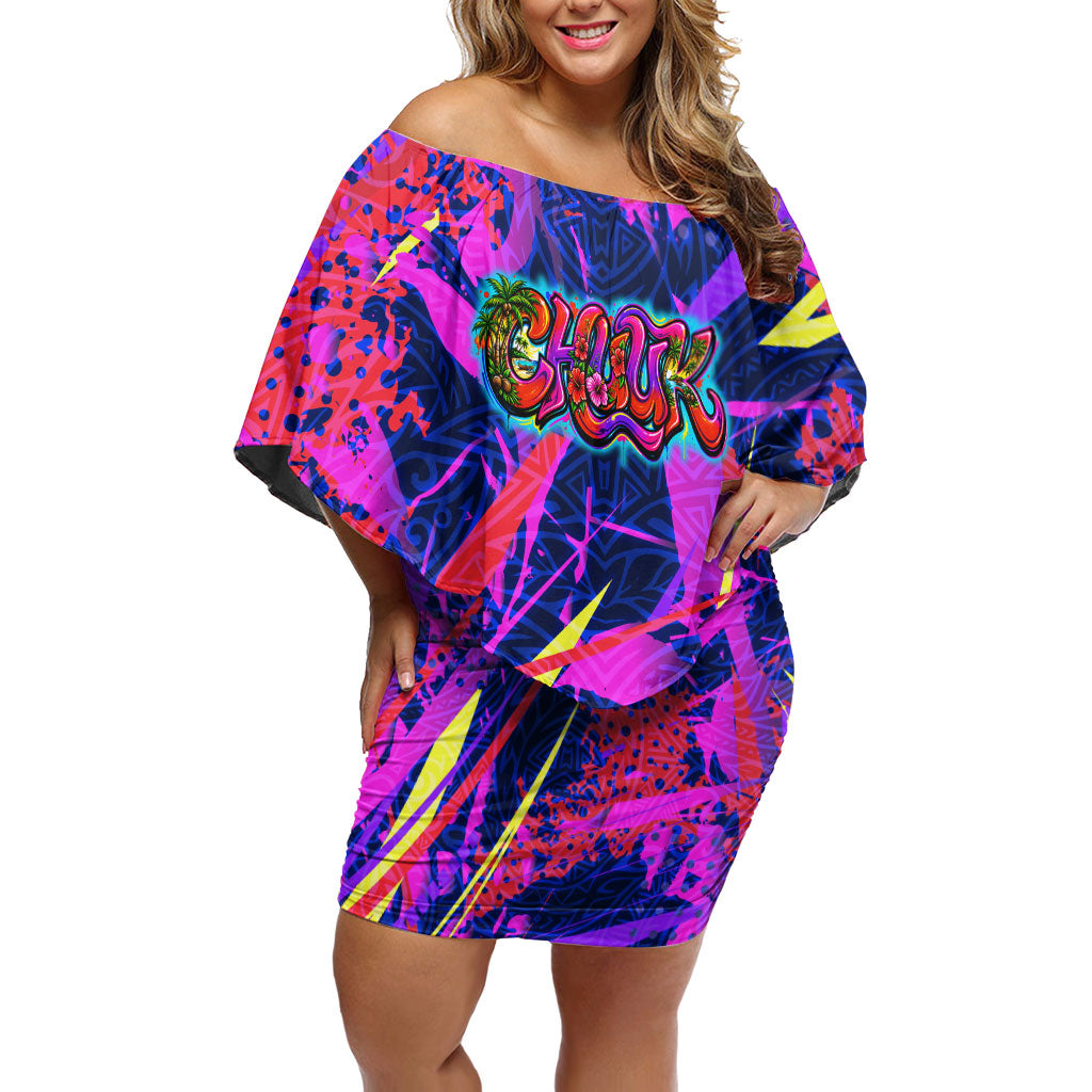 Chuuk Tropical Sunset Coordinates Off Shoulder Short Dress Neon Graffiti Polynesian Tribal TS04 Women Purple Pink - Polynesian Pride