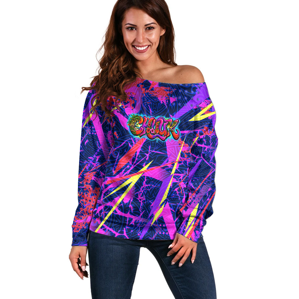 Chuuk Tropical Sunset Coordinates Off Shoulder Sweater Neon Graffiti Polynesian Tribal