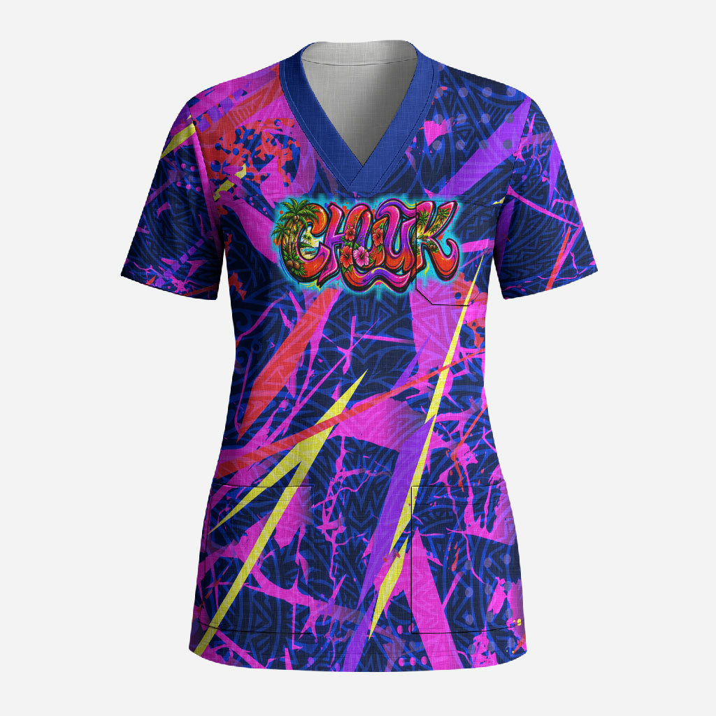 Chuuk Tropical Sunset Coordinates Scrub Top Neon Graffiti Polynesian Tribal