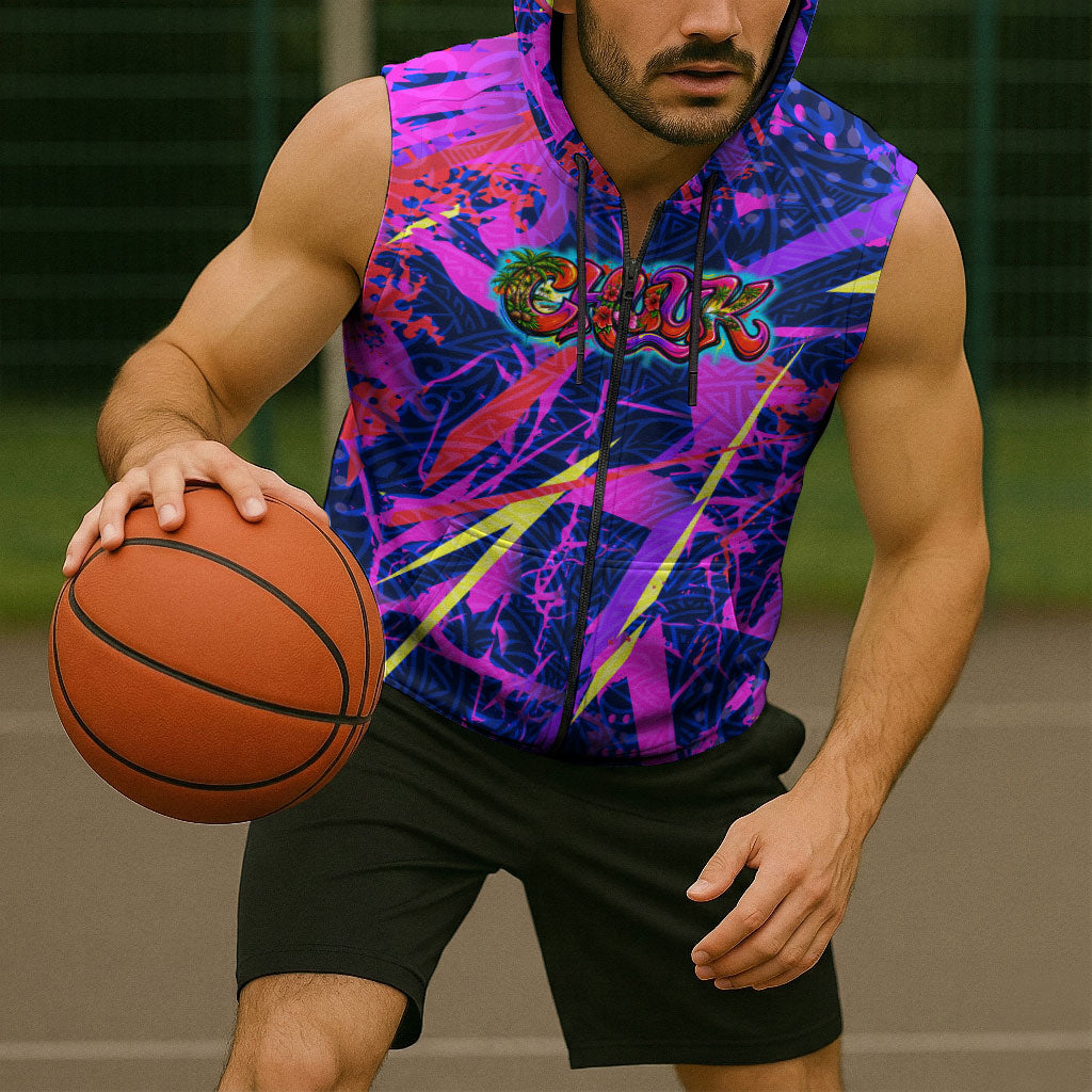 Chuuk Tropical Sunset Coordinates Sleeveless Zip Hoodie Neon Graffiti Polynesian Tribal