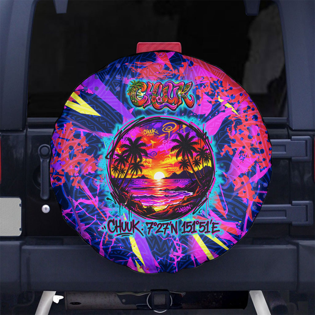 Chuuk Tropical Sunset Coordinates Spare Tire Cover Neon Graffiti Polynesian Tribal
