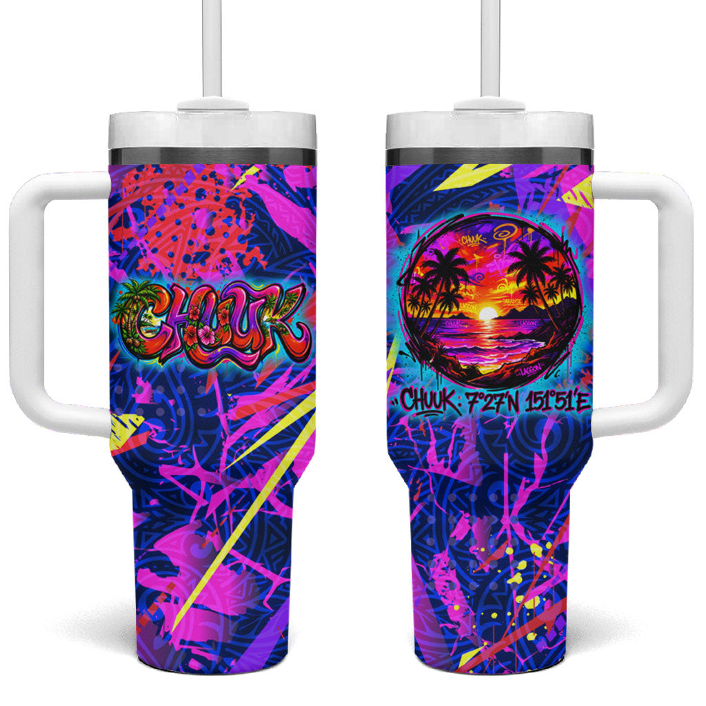 Chuuk Tropical Sunset Coordinates Tumbler With Handle Neon Graffiti Polynesian Tribal TS04 One Size: 40 oz Purple Pink - Polynesian Pride