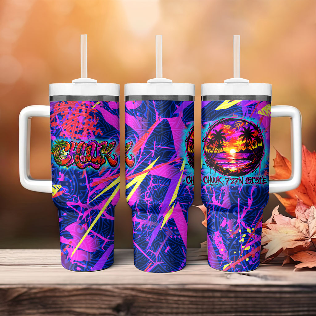 Chuuk Tropical Sunset Coordinates Tumbler With Handle Neon Graffiti Polynesian Tribal