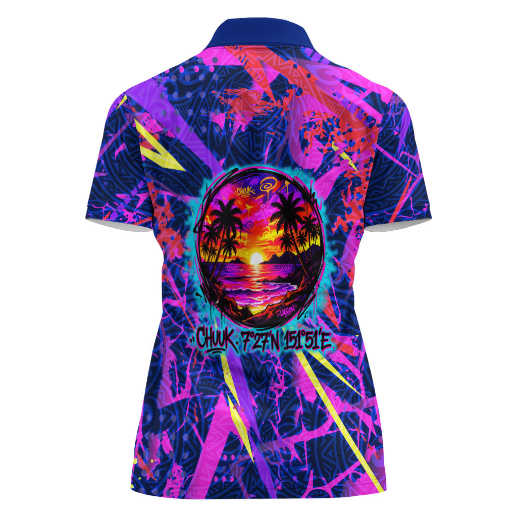 Chuuk Tropical Sunset Coordinates Women Polo Shirt Neon Graffiti Polynesian Tribal