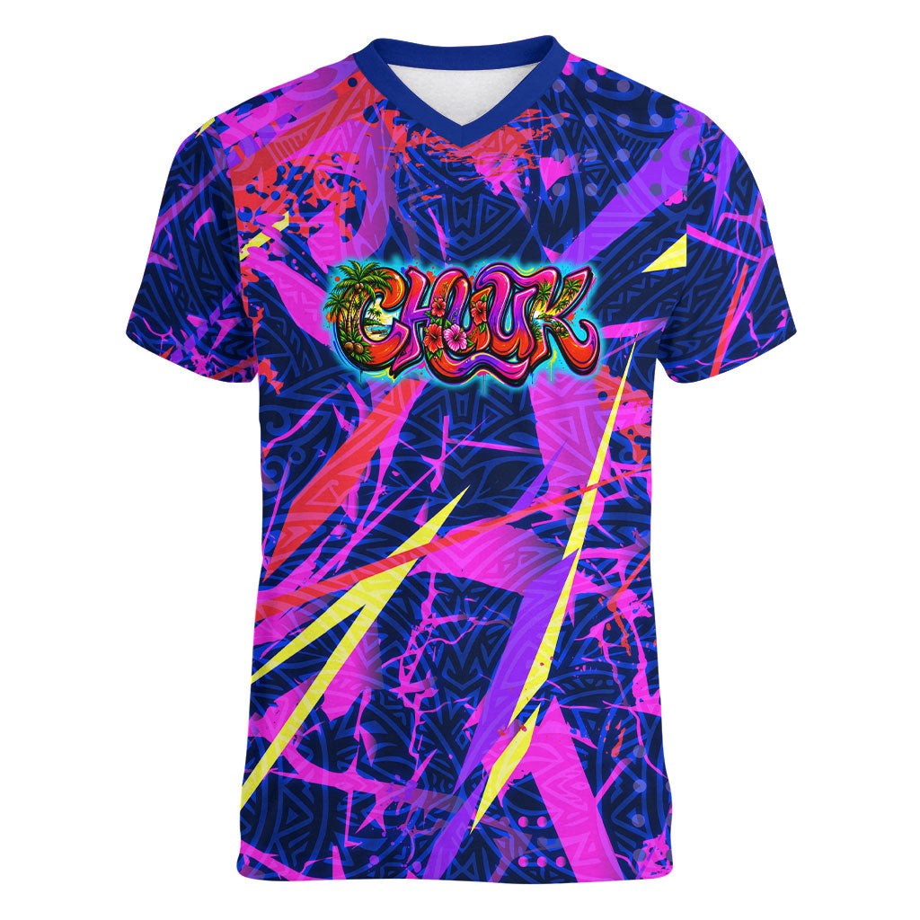 Chuuk Tropical Sunset Coordinates Women V-Neck T-Shirt Neon Graffiti Polynesian Tribal TS04 Female Purple Pink - Polynesian Pride
