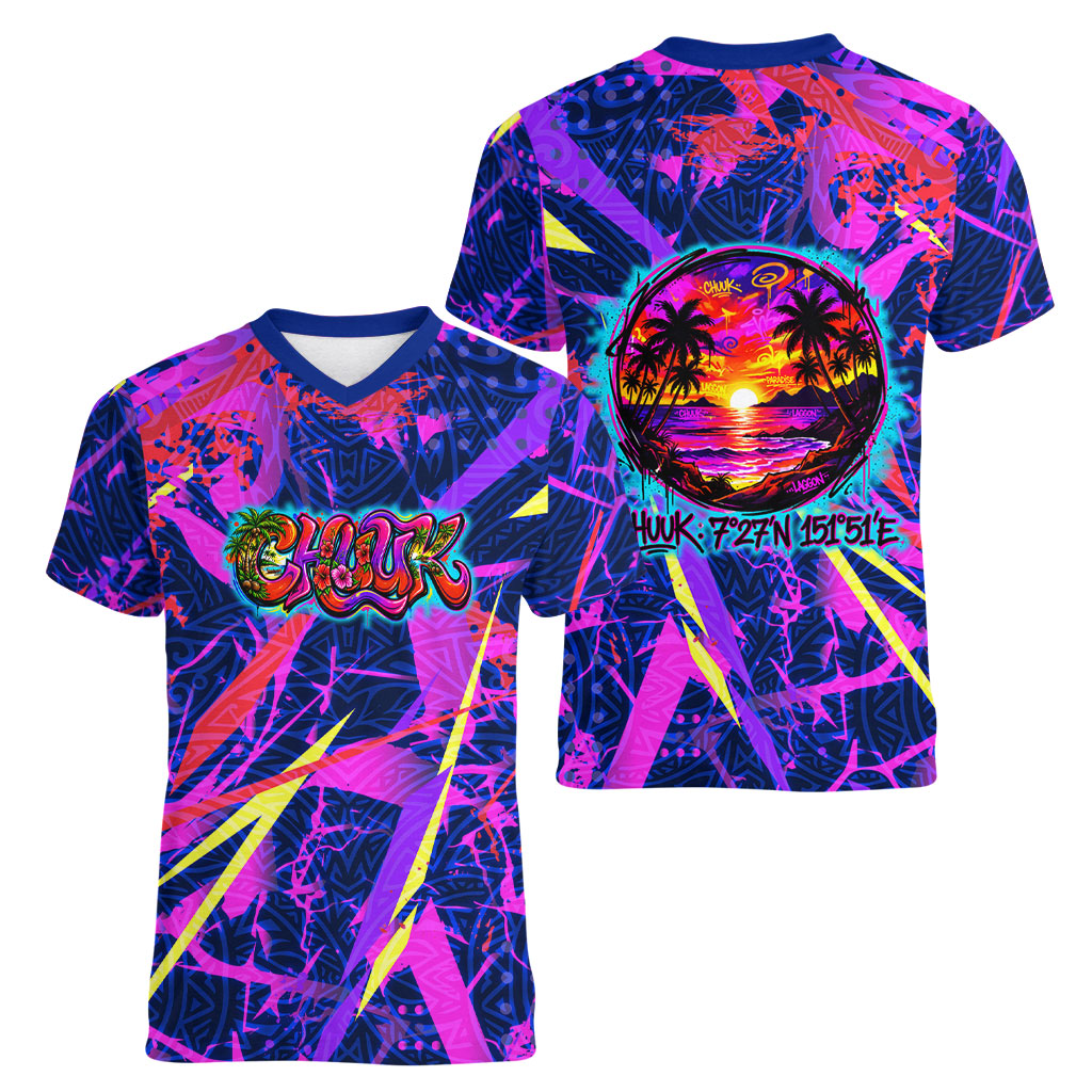 Chuuk Tropical Sunset Coordinates Women V-Neck T-Shirt Neon Graffiti Polynesian Tribal