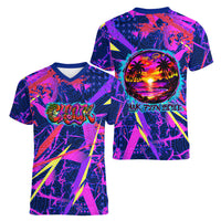 Chuuk Tropical Sunset Coordinates Women V-Neck T-Shirt Neon Graffiti Polynesian Tribal