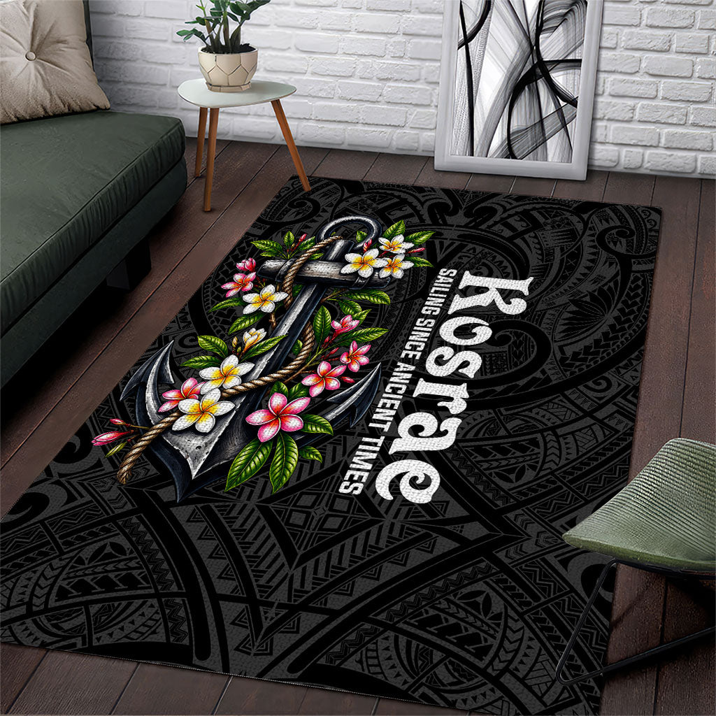 Kosrae Nautical Heritage Area Rug Polynesian Tribal Anchor With Plumeria Tropical Art TS04 Black Grey - Polynesian Pride