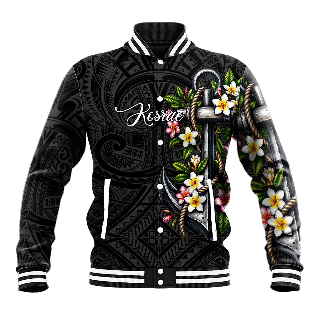 Kosrae Nautical Heritage Baseball Jacket Polynesian Tribal Anchor With Plumeria Tropical Art TS04 Unisex Black Grey - Polynesian Pride