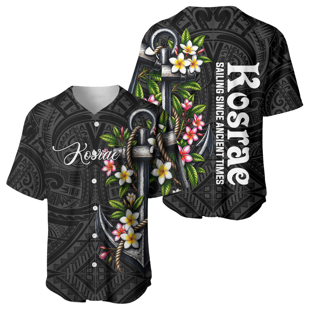 Kosrae Nautical Heritage Baseball Jersey Polynesian Tribal Anchor With Plumeria Tropical Art