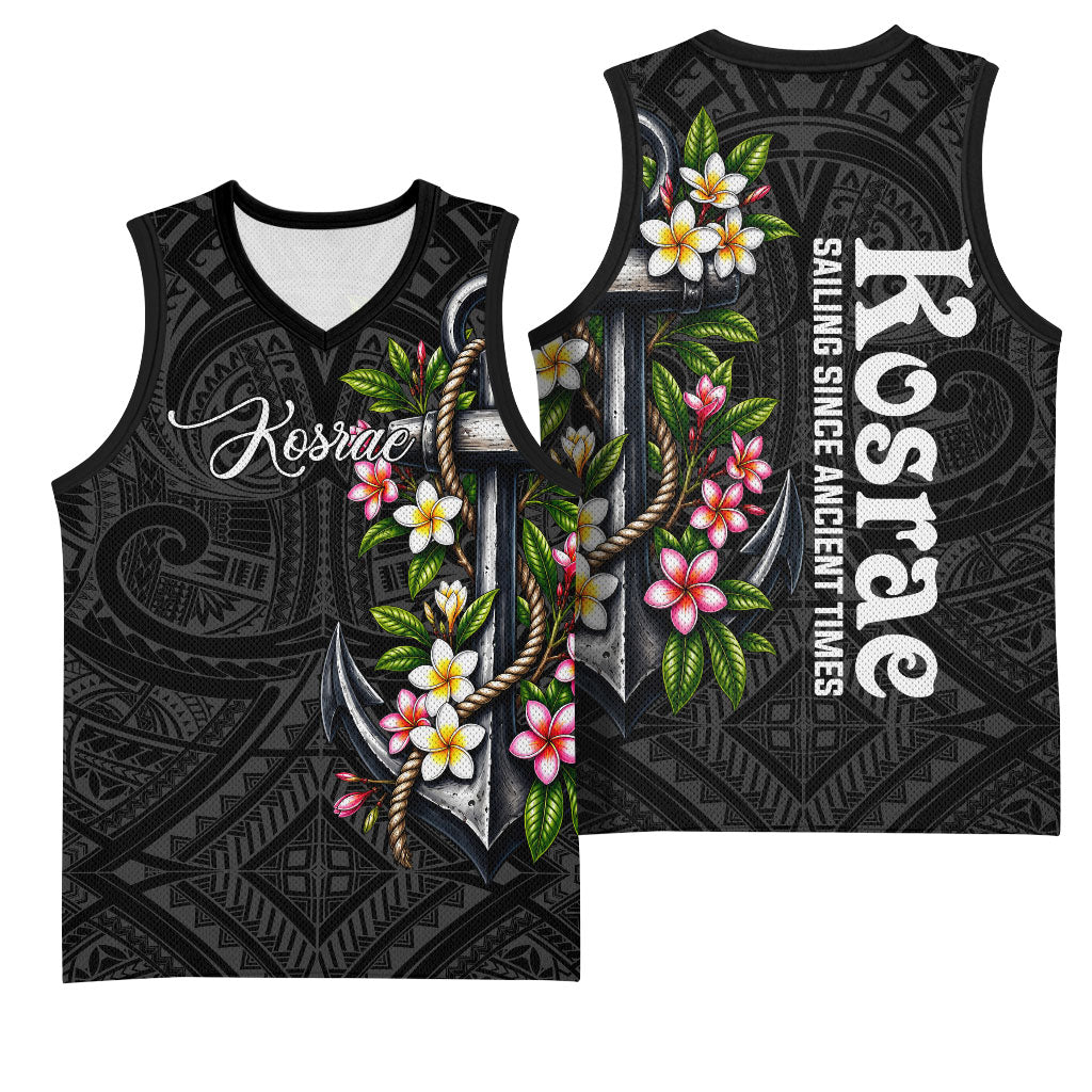 Kosrae Nautical Heritage Basketball Jersey Polynesian Tribal Anchor With Plumeria Tropical Art