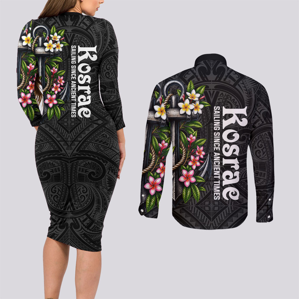 Kosrae Nautical Heritage Couples Matching Long Sleeve Bodycon Dress and Long Sleeve Button Shirt Polynesian Tribal Anchor With Plumeria Tropical Art