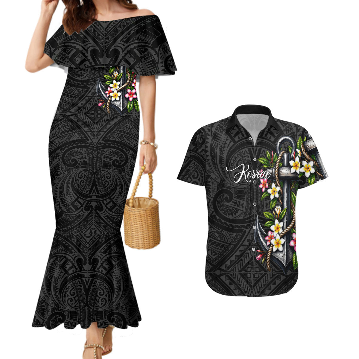 Kosrae Nautical Heritage Couples Matching Mermaid Dress and Hawaiian Shirt Polynesian Tribal Anchor With Plumeria Tropical Art TS04 Black Grey - Polynesian Pride