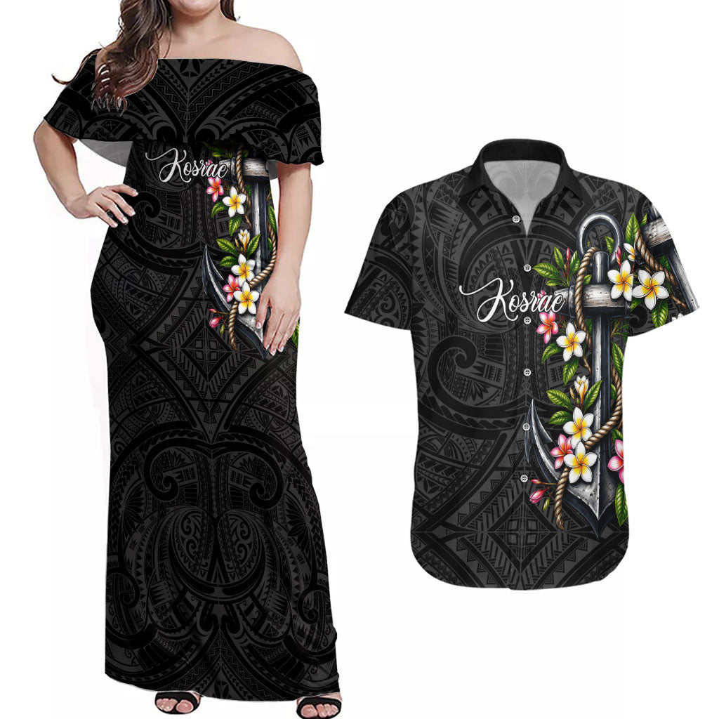 Kosrae Nautical Heritage Couples Matching Off Shoulder Maxi Dress and Hawaiian Shirt Polynesian Tribal Anchor With Plumeria Tropical Art