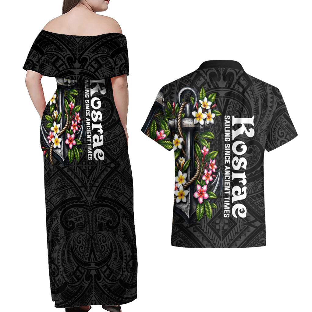 Kosrae Nautical Heritage Couples Matching Off Shoulder Maxi Dress and Hawaiian Shirt Polynesian Tribal Anchor With Plumeria Tropical Art