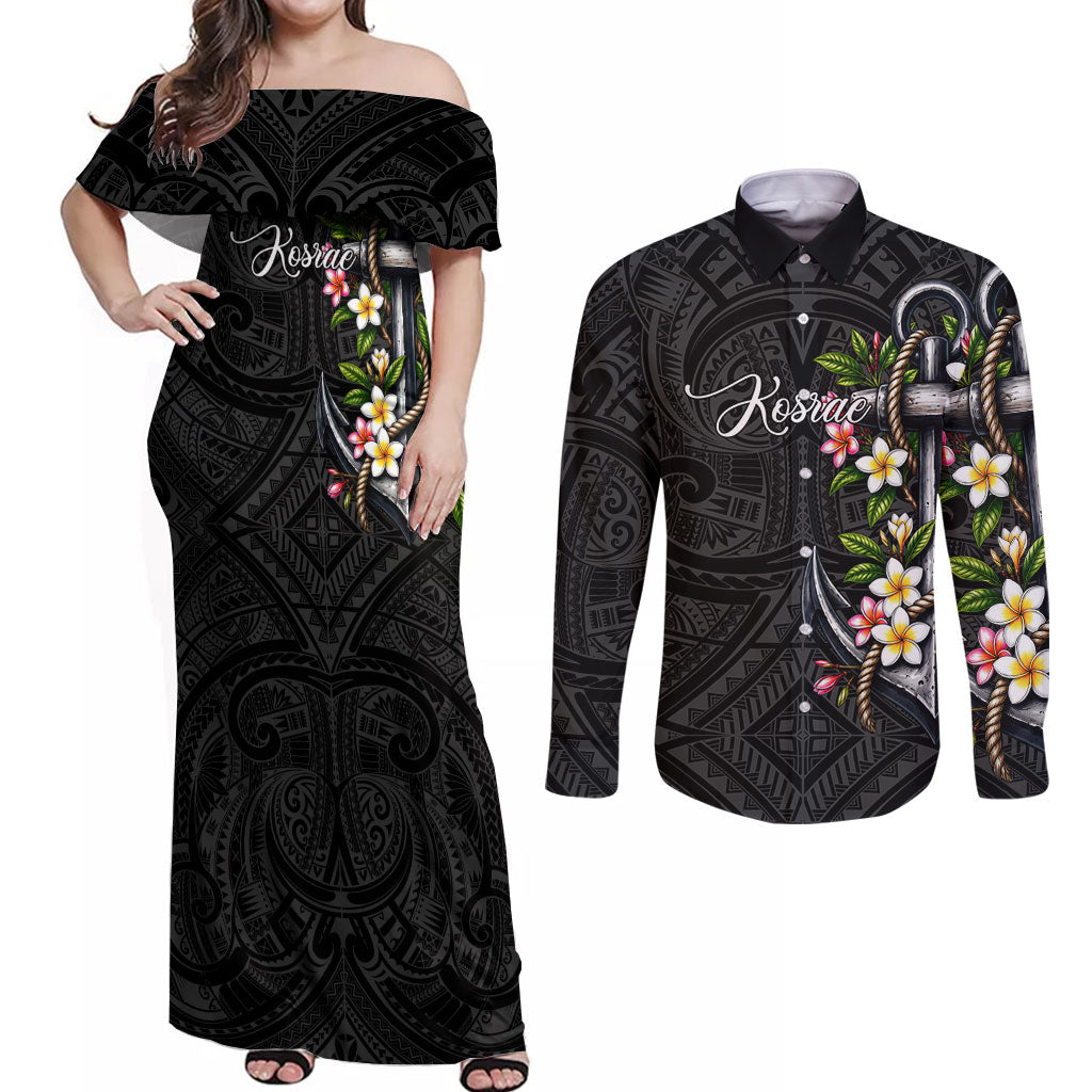 Kosrae Nautical Heritage Couples Matching Off Shoulder Maxi Dress and Long Sleeve Button Shirt Polynesian Tribal Anchor With Plumeria Tropical Art TS04 Black Grey - Polynesian Pride