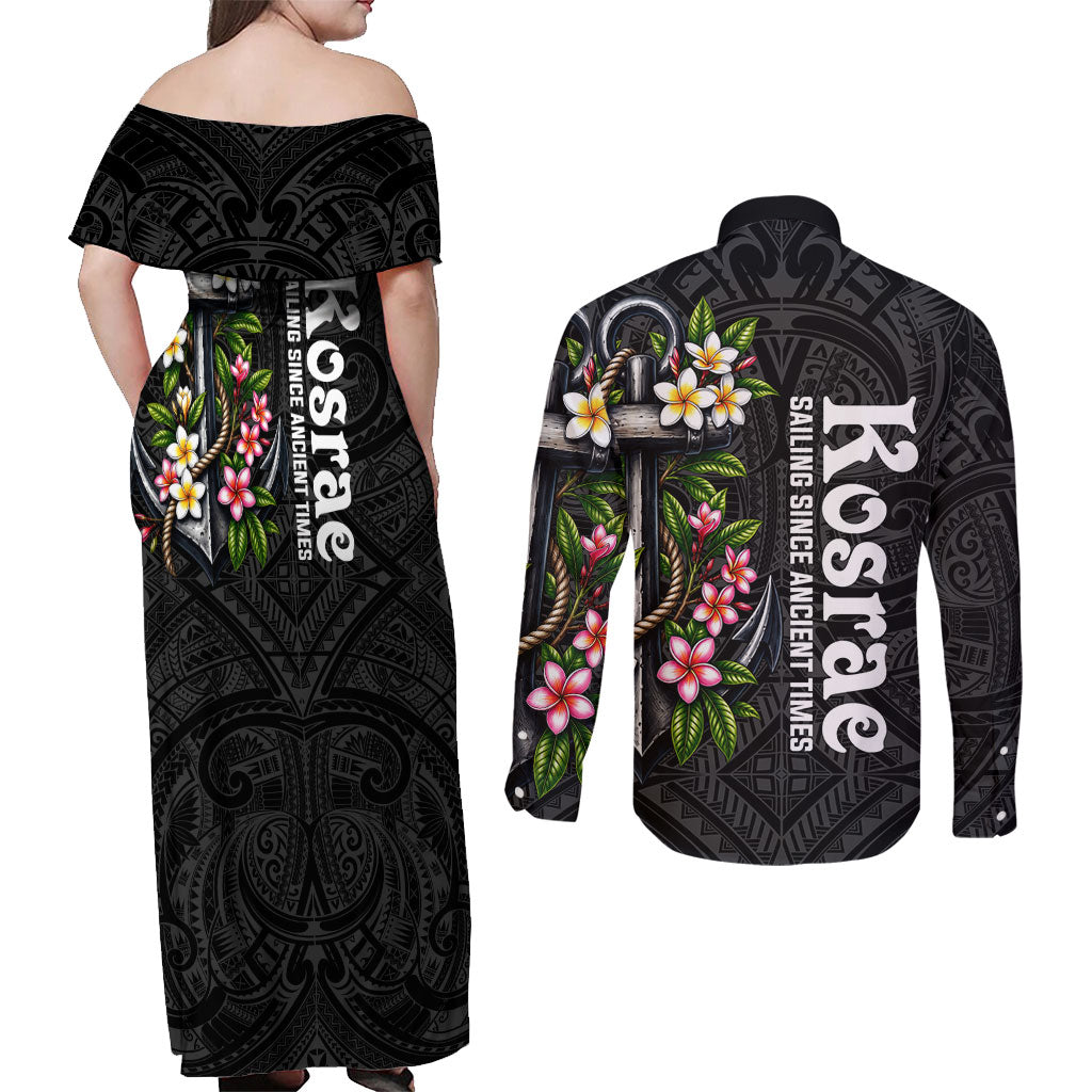 Kosrae Nautical Heritage Couples Matching Off Shoulder Maxi Dress and Long Sleeve Button Shirt Polynesian Tribal Anchor With Plumeria Tropical Art