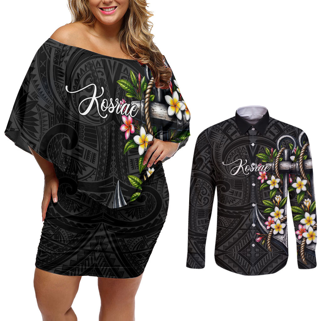 Kosrae Nautical Heritage Couples Matching Off Shoulder Short Dress and Long Sleeve Button Shirt Polynesian Tribal Anchor With Plumeria Tropical Art