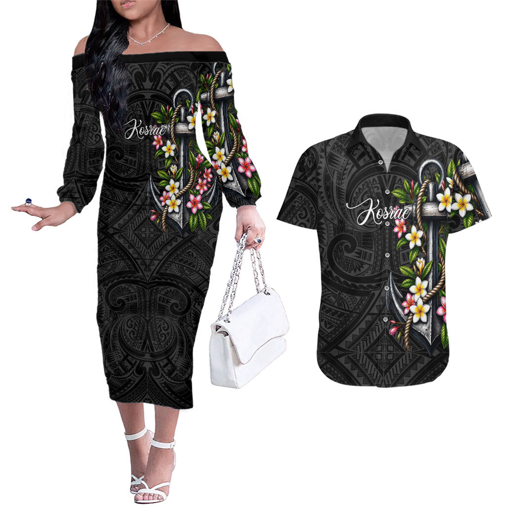 Kosrae Nautical Heritage Couples Matching Off The Shoulder Long Sleeve Dress and Hawaiian Shirt Polynesian Tribal Anchor With Plumeria Tropical Art