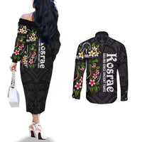 Kosrae Nautical Heritage Couples Matching Off The Shoulder Long Sleeve Dress and Long Sleeve Button Shirt Polynesian Tribal Anchor With Plumeria Tropical Art