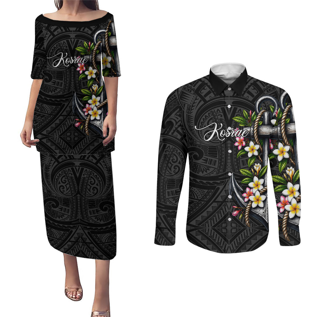Kosrae Nautical Heritage Couples Matching Puletasi and Long Sleeve Button Shirt Polynesian Tribal Anchor With Plumeria Tropical Art TS04 Black Grey - Polynesian Pride