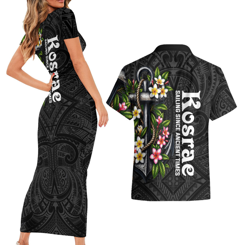 Kosrae Nautical Heritage Couples Matching Short Sleeve Bodycon Dress and Hawaiian Shirt Polynesian Tribal Anchor With Plumeria Tropical Art