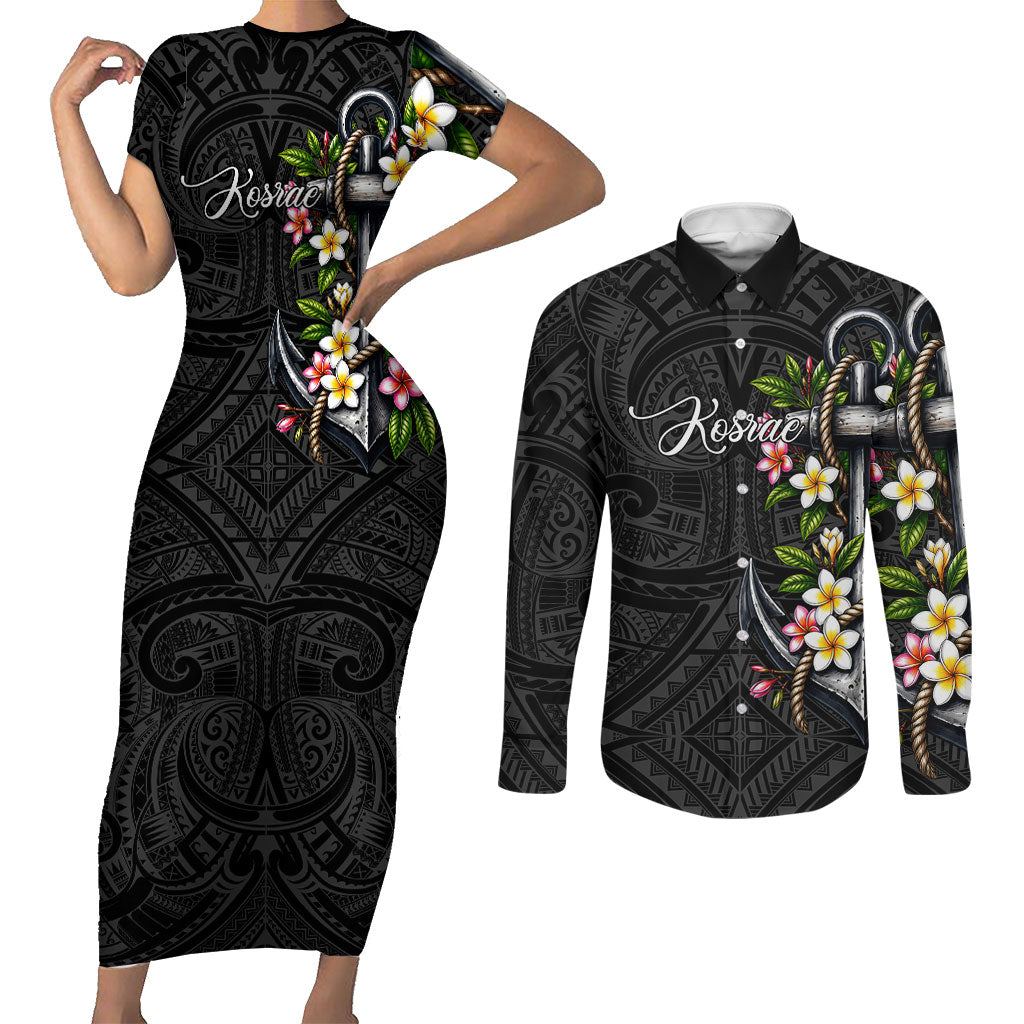 Kosrae Nautical Heritage Couples Matching Short Sleeve Bodycon Dress and Long Sleeve Button Shirt Polynesian Tribal Anchor With Plumeria Tropical Art TS04 Black Grey - Polynesian Pride
