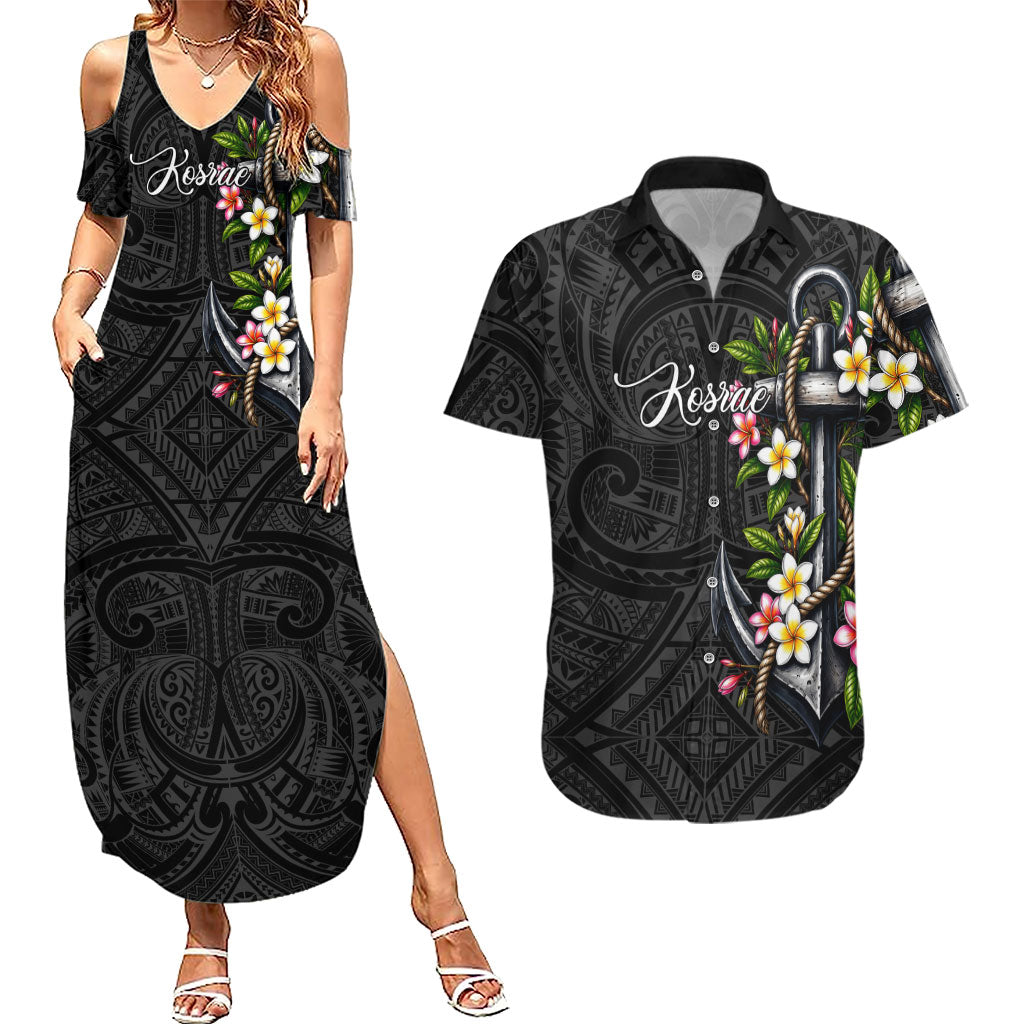 Kosrae Nautical Heritage Couples Matching Summer Maxi Dress and Hawaiian Shirt Polynesian Tribal Anchor With Plumeria Tropical Art TS04 Black Grey - Polynesian Pride