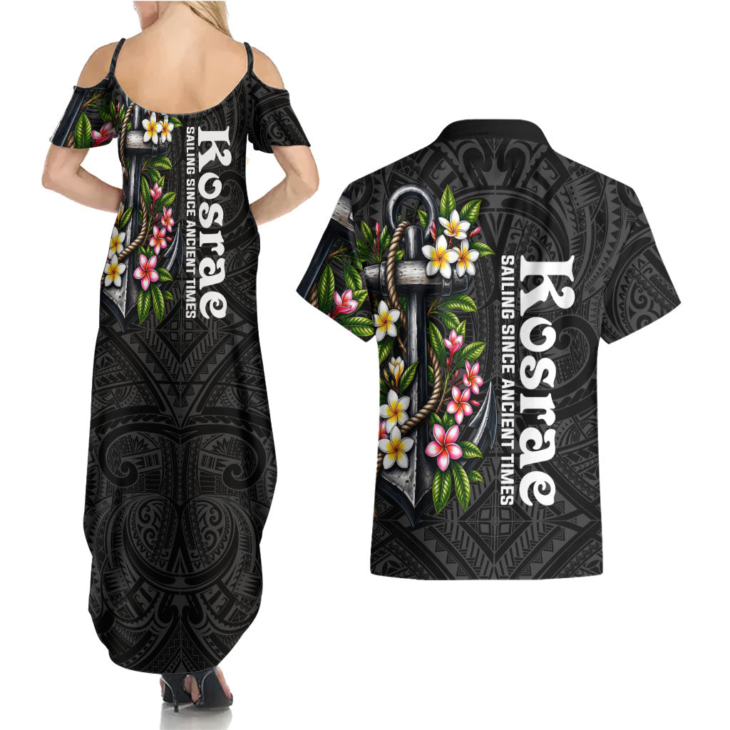 Kosrae Nautical Heritage Couples Matching Summer Maxi Dress and Hawaiian Shirt Polynesian Tribal Anchor With Plumeria Tropical Art