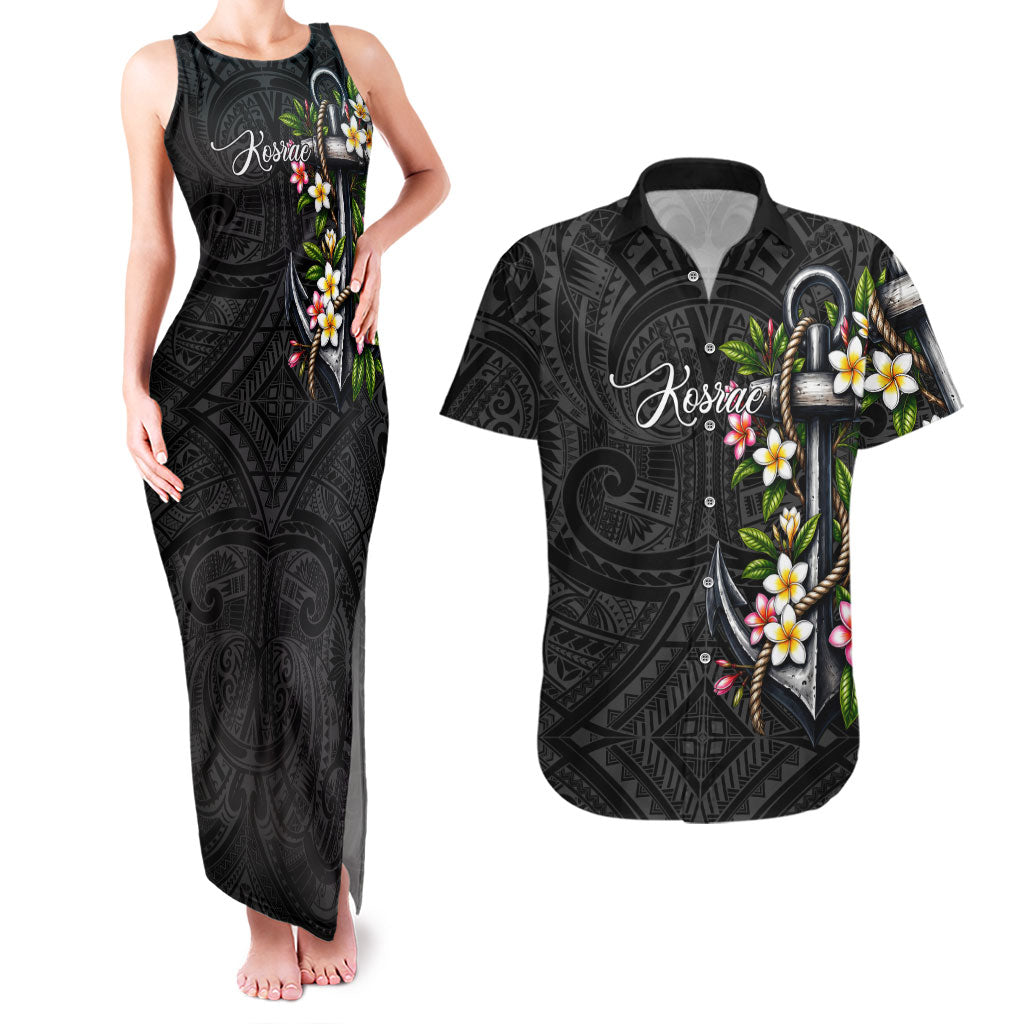 Kosrae Nautical Heritage Couples Matching Tank Maxi Dress and Hawaiian Shirt Polynesian Tribal Anchor With Plumeria Tropical Art