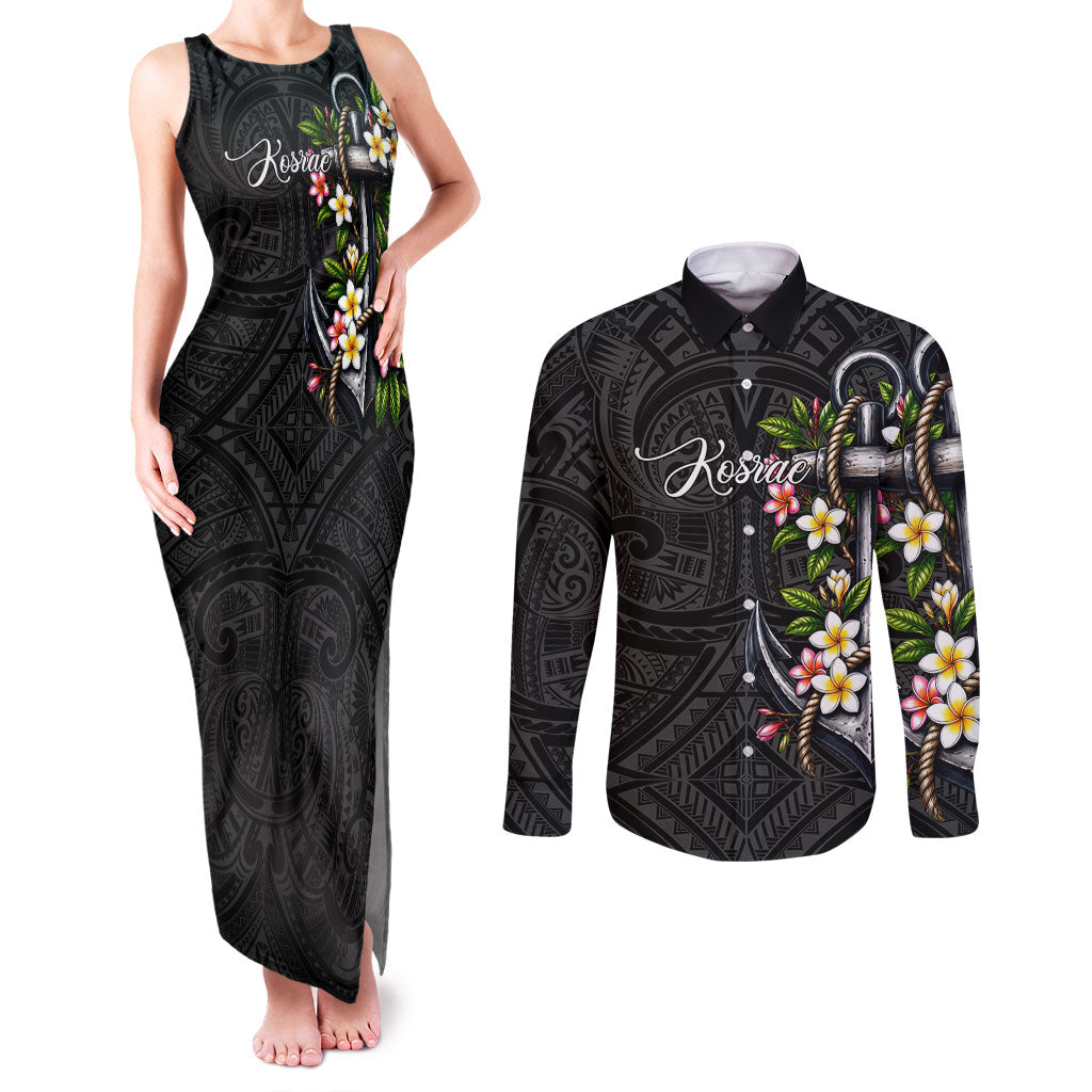 Kosrae Nautical Heritage Couples Matching Tank Maxi Dress and Long Sleeve Button Shirt Polynesian Tribal Anchor With Plumeria Tropical Art TS04 Black Grey - Polynesian Pride