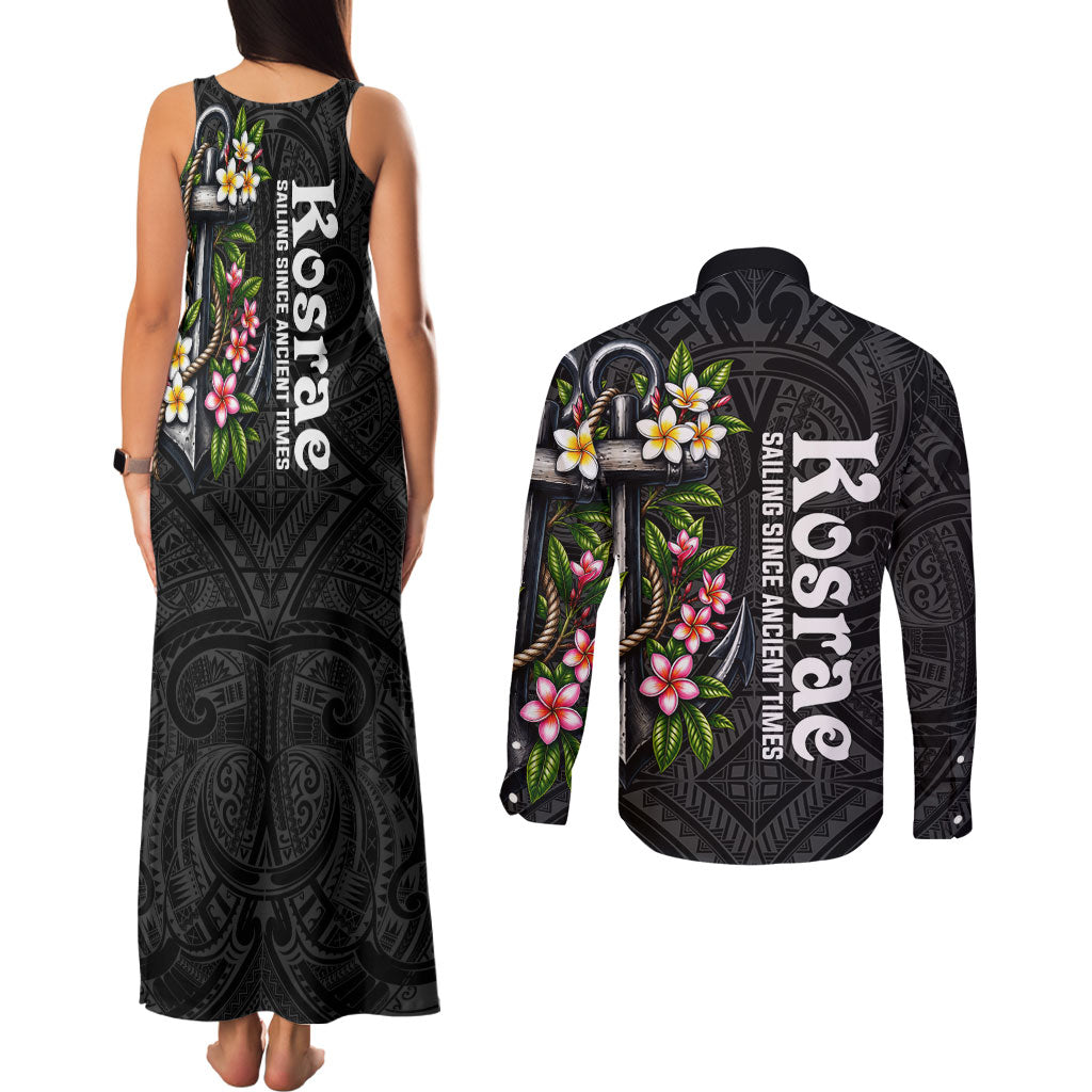 Kosrae Nautical Heritage Couples Matching Tank Maxi Dress and Long Sleeve Button Shirt Polynesian Tribal Anchor With Plumeria Tropical Art