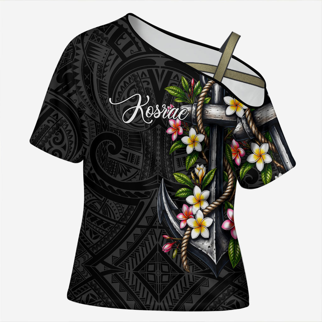 Kosrae Nautical Heritage Cross Shoulder Shirt Polynesian Tribal Anchor With Plumeria Tropical Art