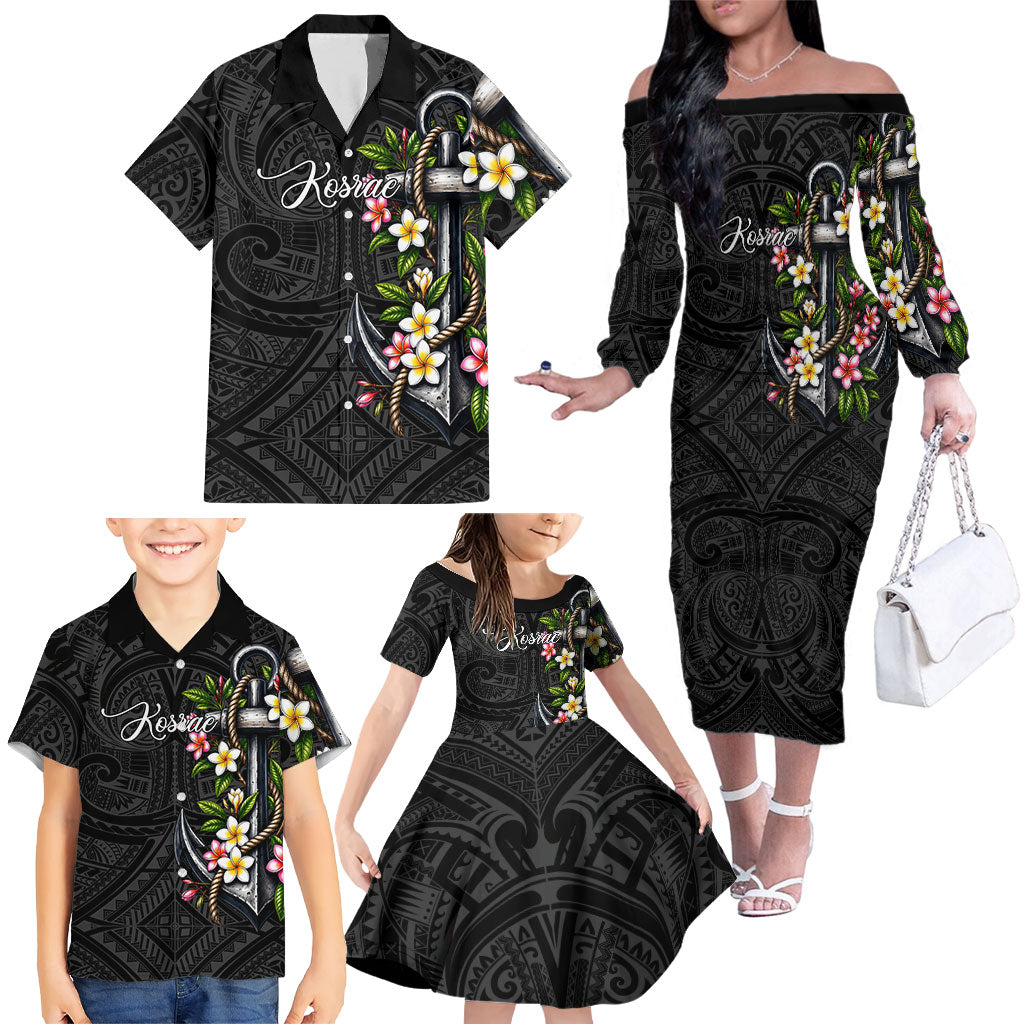 Kosrae Nautical Heritage Family Matching Off The Shoulder Long Sleeve Dress and Hawaiian Shirt Polynesian Tribal Anchor With Plumeria Tropical Art