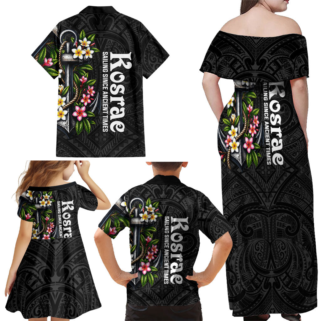 Kosrae Nautical Heritage Family Matching Off Shoulder Maxi Dress and Hawaiian Shirt Polynesian Tribal Anchor With Plumeria Tropical Art