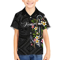 Kosrae Nautical Heritage Family Matching Off Shoulder Short Dress and Hawaiian Shirt Polynesian Tribal Anchor With Plumeria Tropical Art