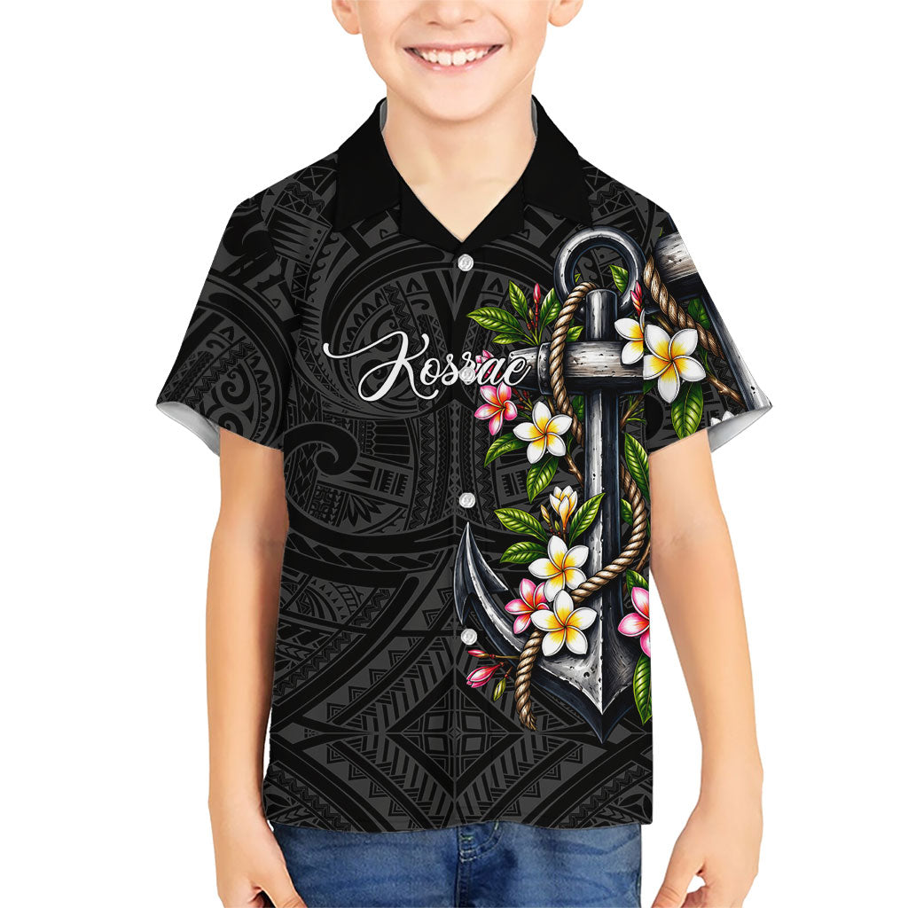 Kosrae Nautical Heritage Family Matching Short Sleeve Bodycon Dress and Hawaiian Shirt Polynesian Tribal Anchor With Plumeria Tropical Art