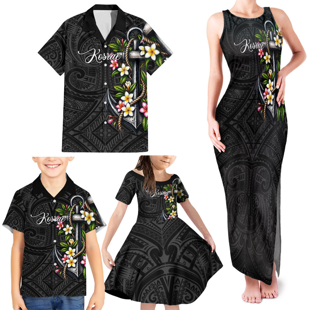 Kosrae Nautical Heritage Family Matching Tank Maxi Dress and Hawaiian Shirt Polynesian Tribal Anchor With Plumeria Tropical Art