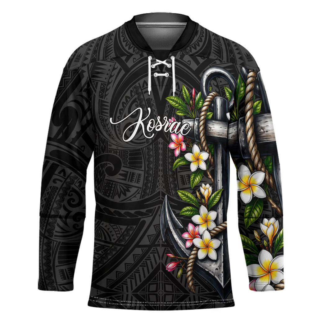 Kosrae Nautical Heritage Hockey Jersey Polynesian Tribal Anchor With Plumeria Tropical Art TS04 Unisex Black Grey - Polynesian Pride