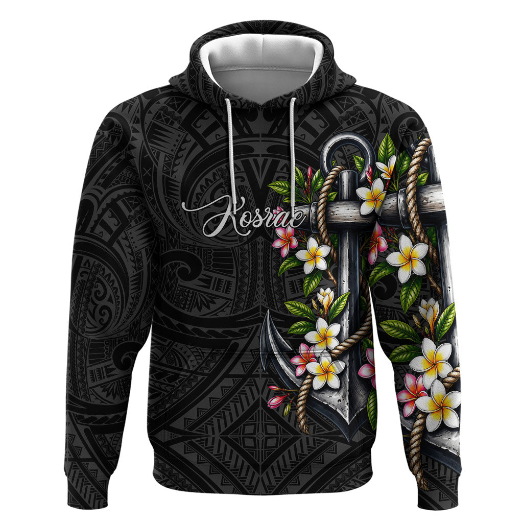 Kosrae Nautical Heritage Hoodie Polynesian Tribal Anchor With Plumeria Tropical Art TS04 Pullover Hoodie Black Grey - Polynesian Pride