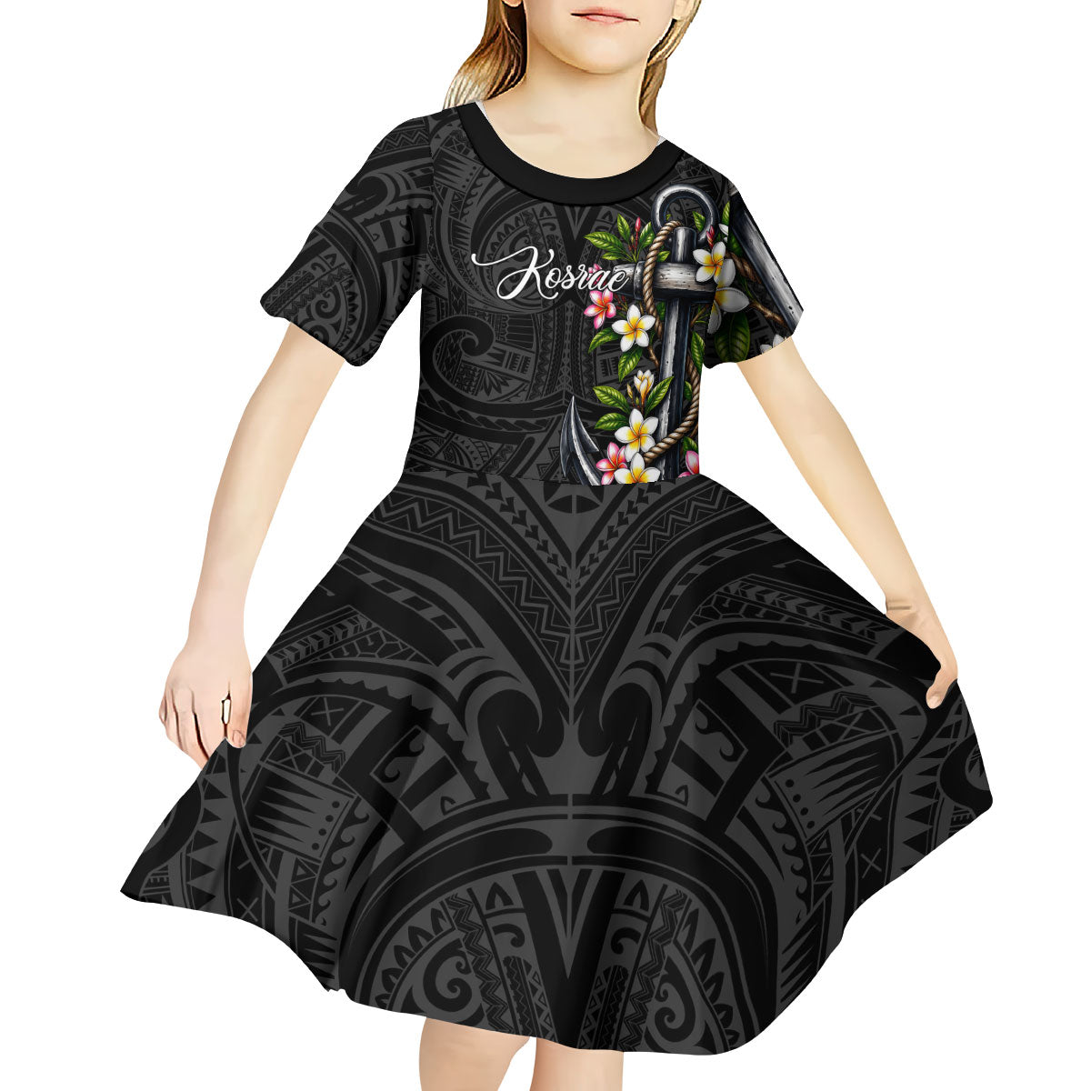 Kosrae Nautical Heritage Kid Short Sleeve Dress Polynesian Tribal Anchor With Plumeria Tropical Art