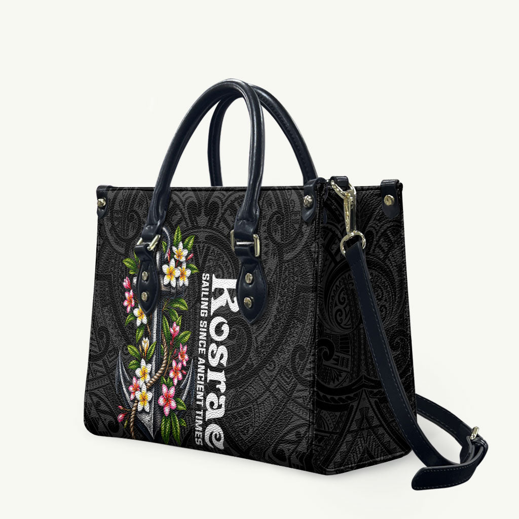 Kosrae Nautical Heritage Leather Bag Polynesian Tribal Anchor With Plumeria Tropical Art TS04 Black Grey - Polynesian Pride