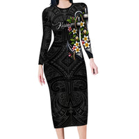 Kosrae Nautical Heritage Long Sleeve Bodycon Dress Polynesian Tribal Anchor With Plumeria Tropical Art
