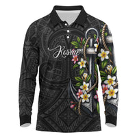 Kosrae Nautical Heritage Long Sleeve Polo Shirt Polynesian Tribal Anchor With Plumeria Tropical Art