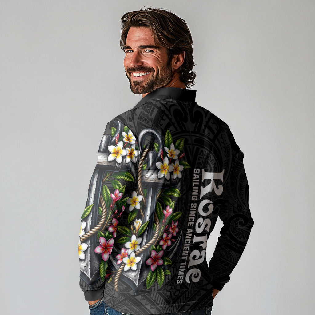 Kosrae Nautical Heritage Long Sleeve Polo Shirt Polynesian Tribal Anchor With Plumeria Tropical Art