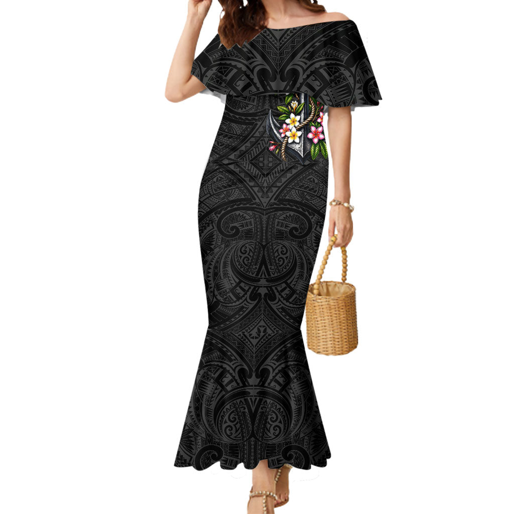 Kosrae Nautical Heritage Mermaid Dress Polynesian Tribal Anchor With Plumeria Tropical Art TS04 Women Black Grey - Polynesian Pride